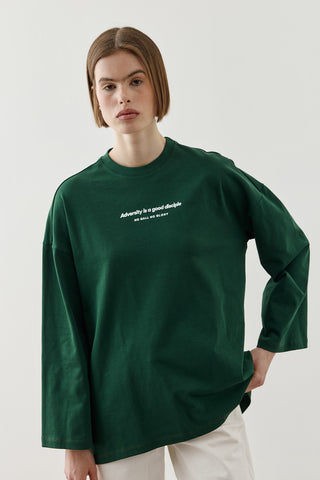 Yazılı Uzun Kollu T-Shirt Yeşil