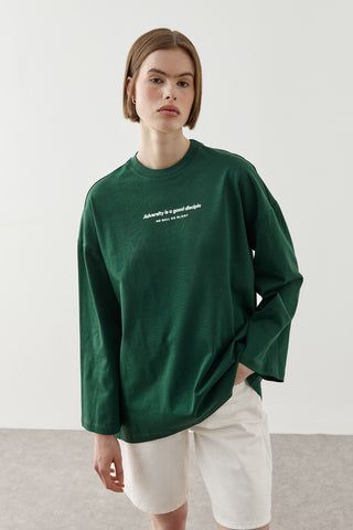 Yazılı Uzun Kollu T-Shirt Yeşil