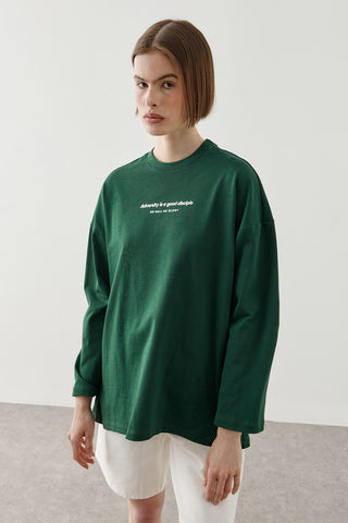 Yazılı Uzun Kollu T-Shirt Yeşil