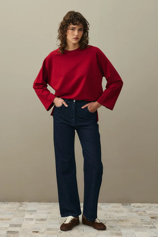 Yırtmaç Detaylı Basic Sweatshirt Bordo