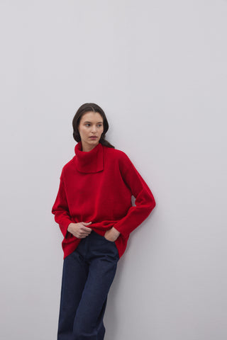 Yırtmaç Yakalı Triko Kazak Kırmızı - Fahhar Design