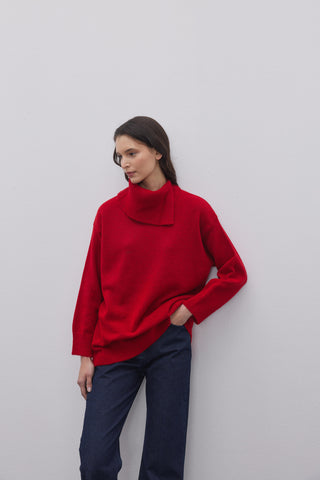 Yırtmaç Yakalı Triko Kazak Kırmızı - Fahhar Design