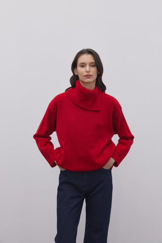 Yırtmaç Yakalı Triko Kazak Kırmızı - Fahhar Design