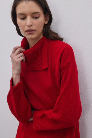 Yırtmaç Yakalı Triko Kazak Kırmızı - Fahhar Design