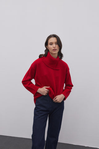 Yırtmaç Yakalı Triko Kazak Kırmızı - Fahhar Design