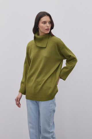 Yırtmaç Yakalı Triko Kazak Yeşil - Fahhar Design