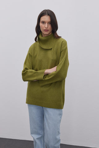 Yırtmaç Yakalı Triko Kazak Yeşil - Fahhar Design