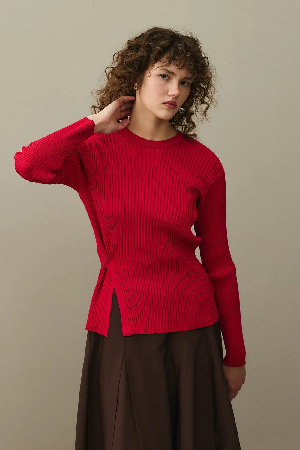 Basic Sweater with Slits Red