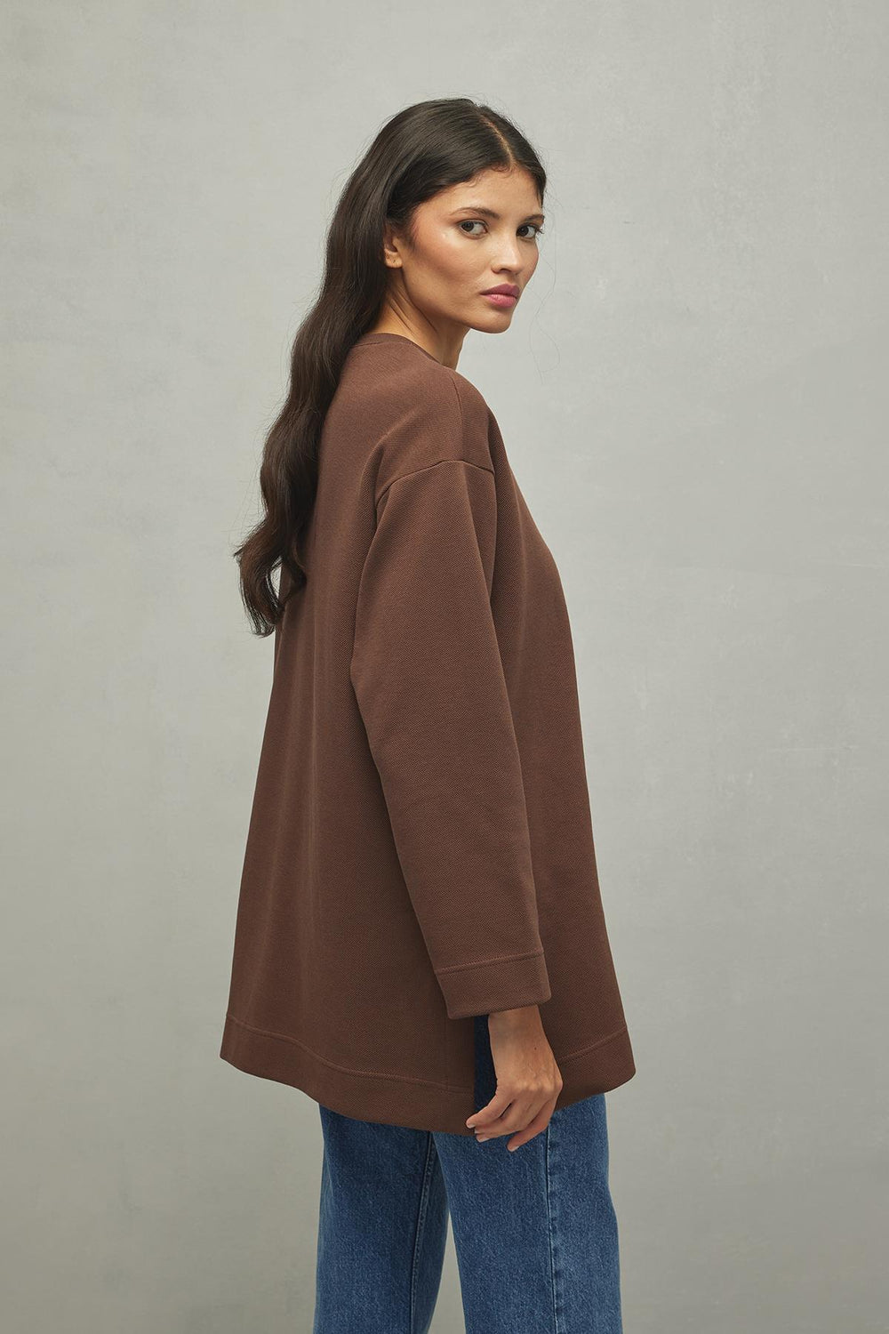 Yırtmaçlı Basic Sweatshirt Kahverengi