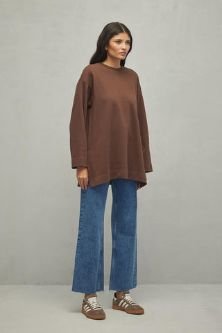 Yırtmaçlı Basic Sweatshirt Kahverengi - Fahhar Design