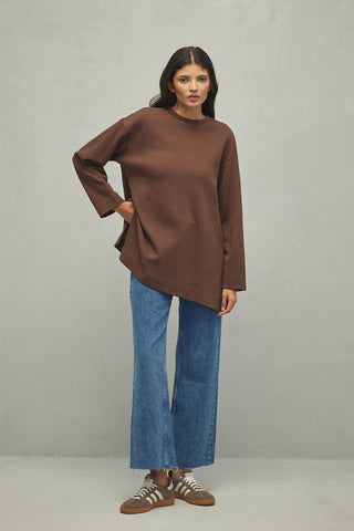 Yırtmaçlı Basic Sweatshirt Kahverengi - Fahhar Design