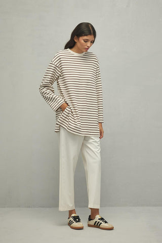 Yırtmaçlı Çizgili Sweatshirt Kahverengi - Fahhar Design