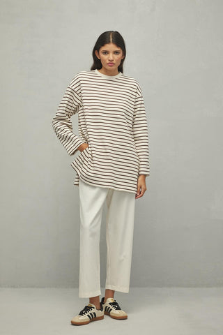 Yırtmaçlı Çizgili Sweatshirt Kahverengi - Fahhar Design