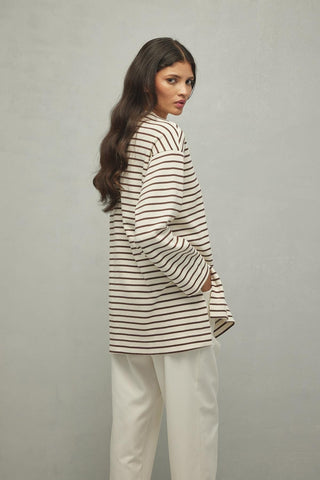 Yırtmaçlı Çizgili Sweatshirt Kahverengi - Fahhar Design