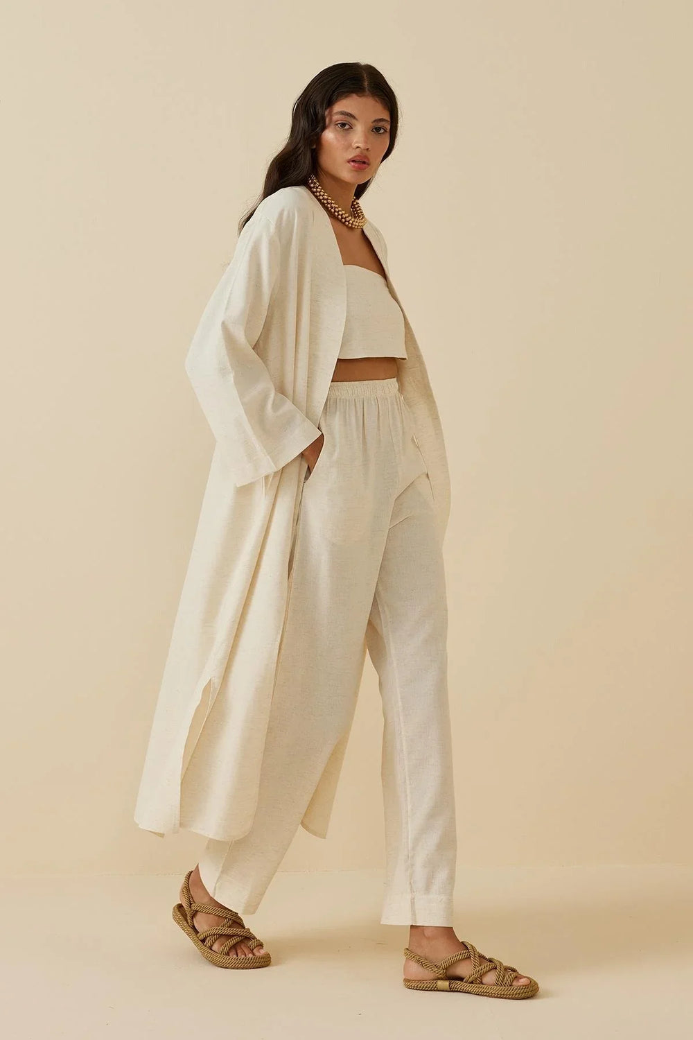 Slit Linen Kimono Beige