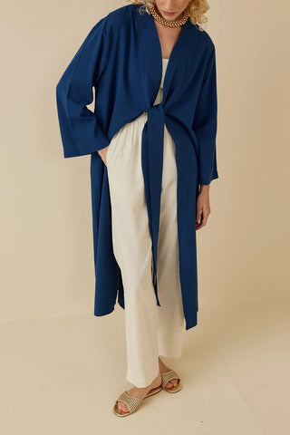 Yırtmaçlı Keten Kimono Mavi - Fahhar Design