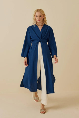 Yırtmaçlı Keten Kimono Mavi - Fahhar Design