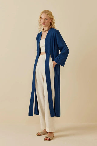 Yırtmaçlı Keten Kimono Mavi - Fahhar Design