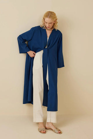 Yırtmaçlı Keten Kimono Mavi - Fahhar Design