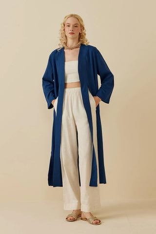 Yırtmaçlı Keten Kimono Mavi - Fahhar Design