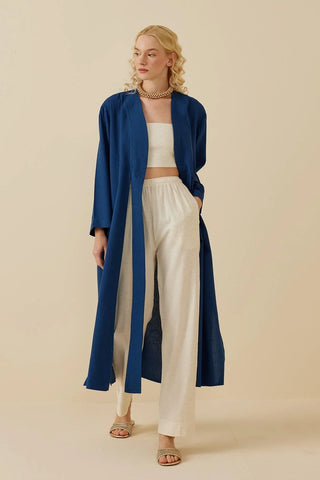 Yırtmaçlı Keten Kimono Mavi - Fahhar Design