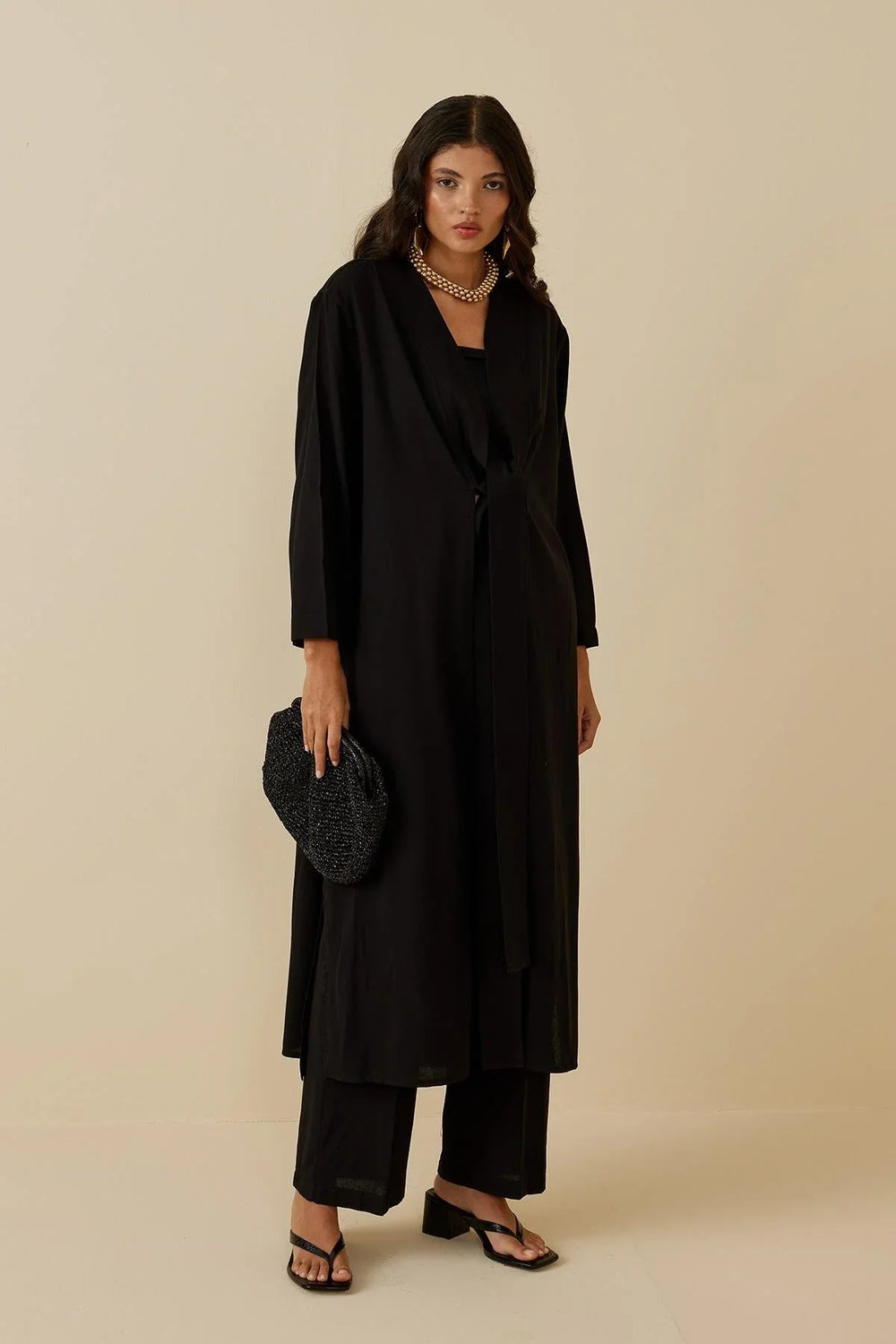 Slit Linen Kimono Black