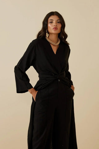 Yırtmaçlı Keten Kimono Siyah - Fahhar Design