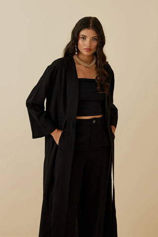 Yırtmaçlı Keten Kimono Siyah - Fahhar Design