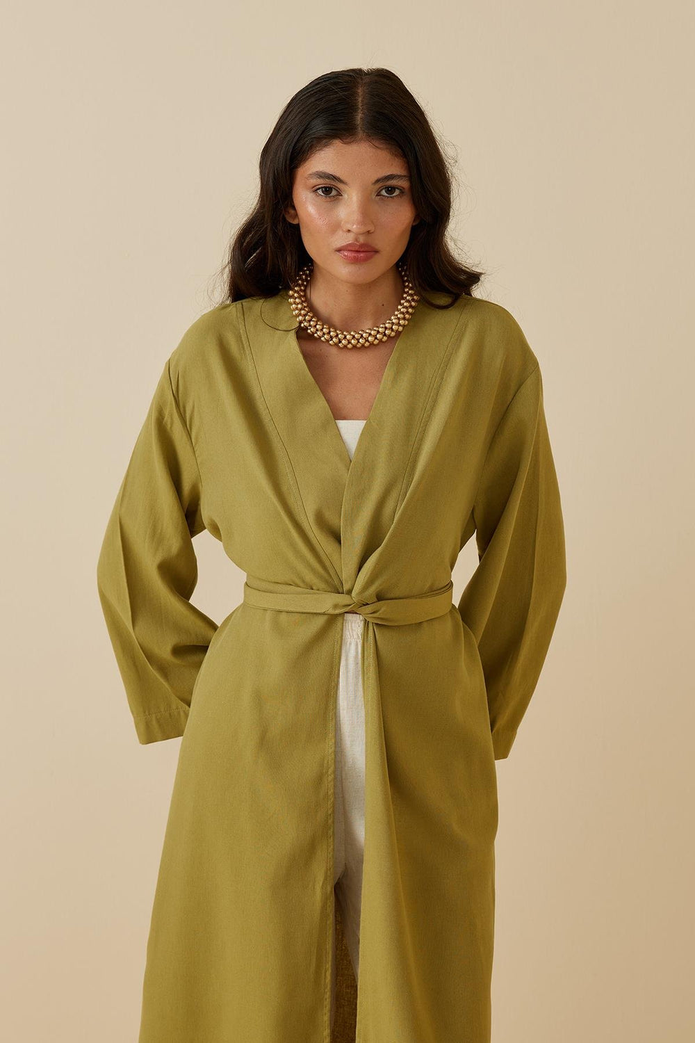 Slit Linen Kimono Green