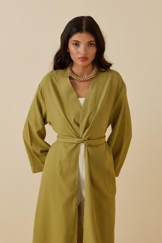 Yırtmaçlı Keten Kimono Yeşil - Fahhar Design