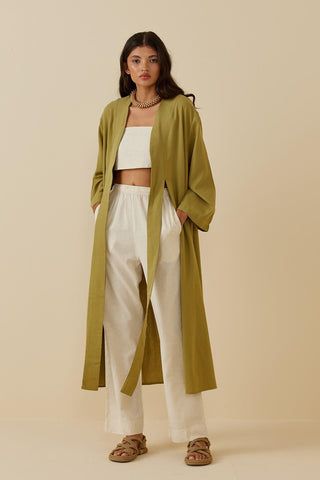 Yırtmaçlı Keten Kimono Yeşil - Fahhar Design