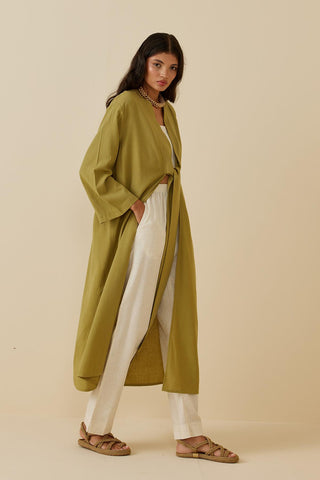 Yırtmaçlı Keten Kimono Yeşil - Fahhar Design