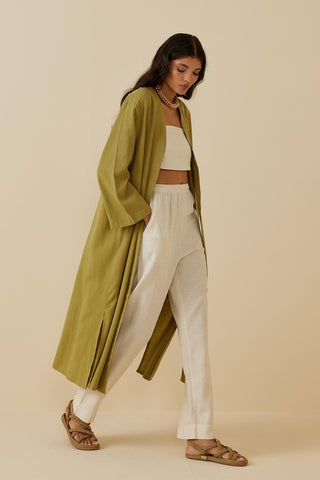 Yırtmaçlı Keten Kimono Yeşil - Fahhar Design