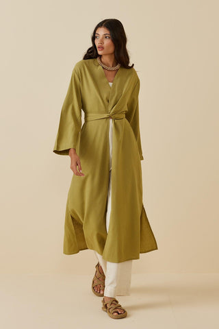 Yırtmaçlı Keten Kimono Yeşil - Fahhar Design