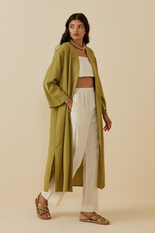 Yırtmaçlı Keten Kimono Yeşil - Fahhar Design