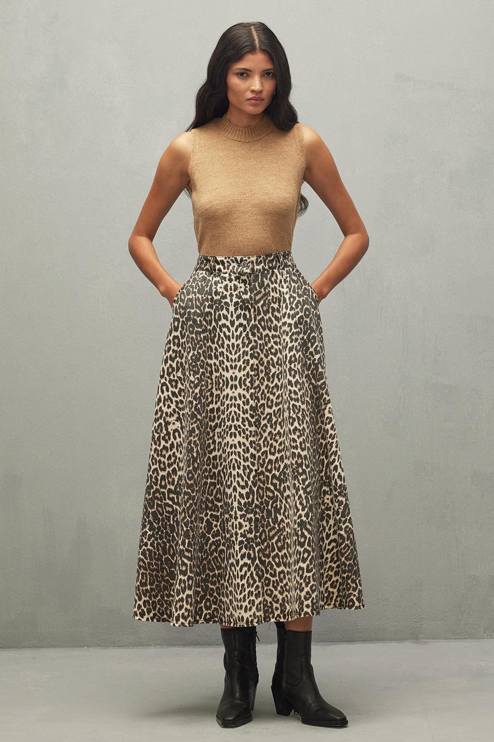 High Waist Jean Flared Skirt Brown
