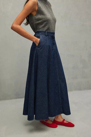 Yüksek Bel Jean Kloş Etek Koyu Mavi - Fahhar Design