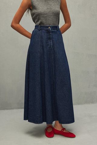 Yüksek Bel Jean Kloş Etek Koyu Mavi - Fahhar Design