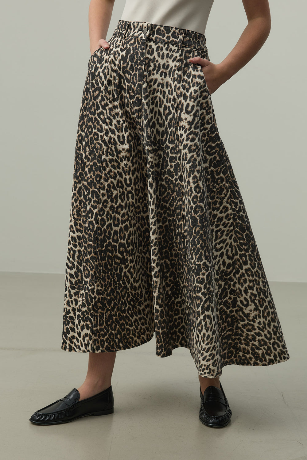 High Waist Jean Flared Skirt Leopard