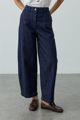 Yüksek Bel Pilili Bomb Denim Pantolon Lacivert