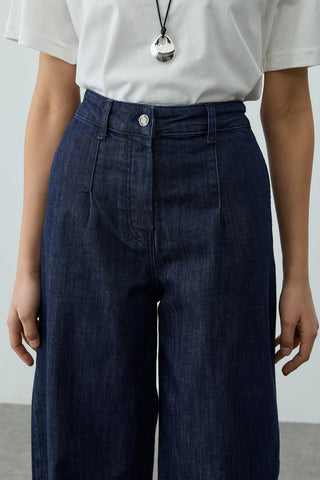 Yüksek Bel Pilili Bomb Denim Pantolon Lacivert