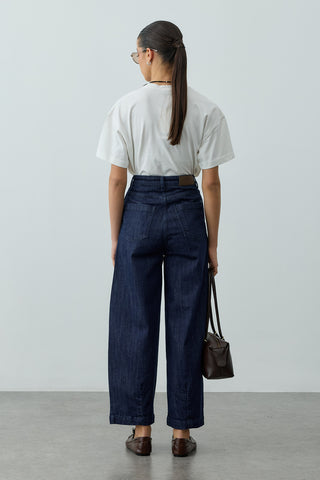 Yüksek Bel Pilili Bomb Denim Pantolon Lacivert