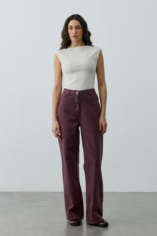 Yüksek Belli Straight Denim Pantolon Bordo