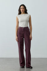 Yüksek Belli Straight Denim Pantolon Bordo