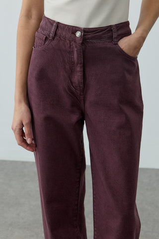 Yüksek Belli Straight Denim Pantolon Bordo