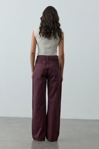 Yüksek Belli Straight Denim Pantolon Bordo