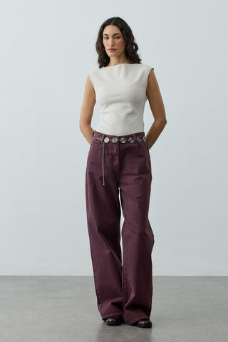 Yüksek Belli Straight Denim Pantolon Bordo