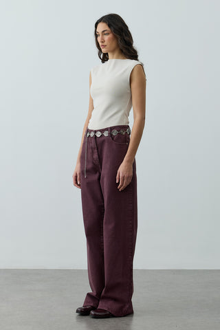 Yüksek Belli Straight Denim Pantolon Bordo