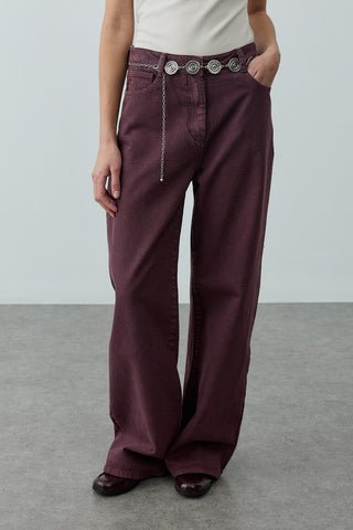 Yüksek Belli Straight Denim Pantolon Bordo