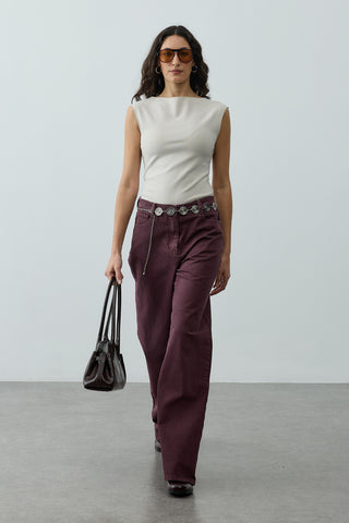 Yüksek Belli Straight Denim Pantolon Bordo